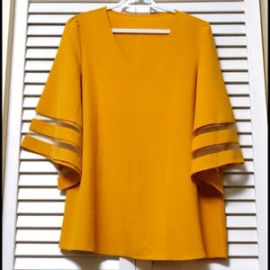 Yellow V-Neck Blouse with Mesh Stripe Bell Sleeves